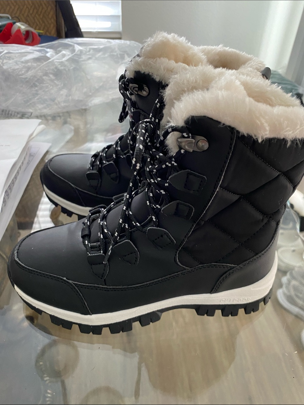 Champion Black Quilted Winter Boots with Cream Faux-Fur Collar
